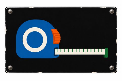 Enamel sign pictogram of a blue tape measure with its blade pulled out