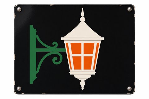Enamel sign pictogram of a hanging street lantern glowing orange on a green wall bracket