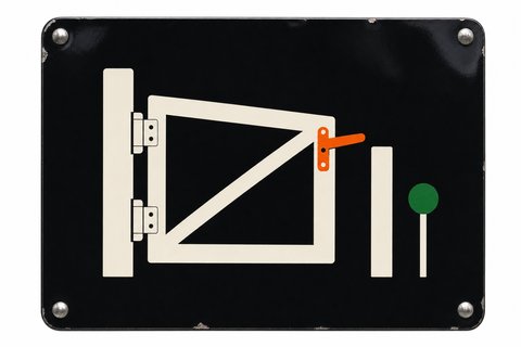 Enamel sign pictogram of a trailhead swing gate standing half open, with a green circle marker beside the latch post