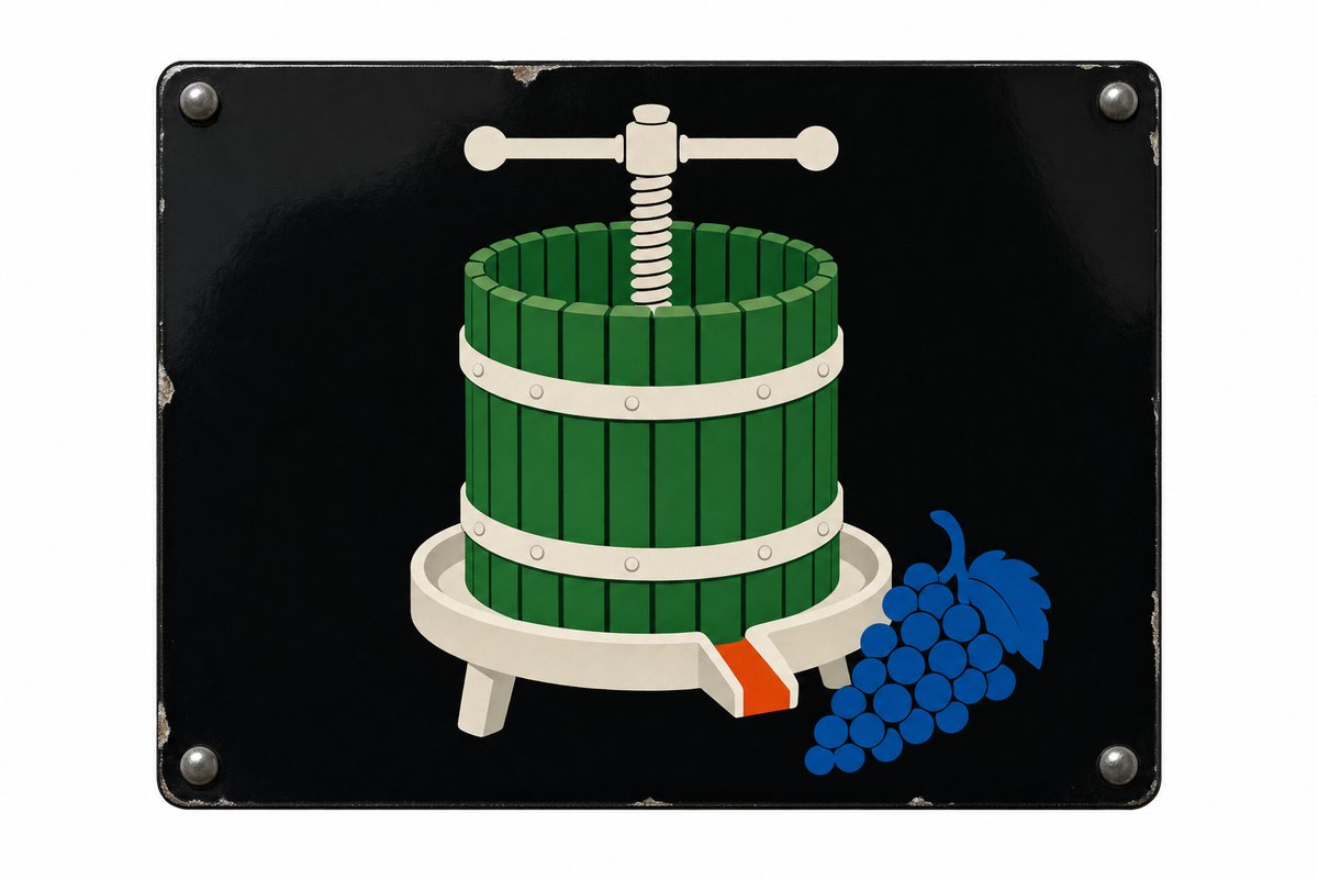 Enamel sign pictogram of a wooden basket wine press with a bunch of grapes, for the Okanagan wine region