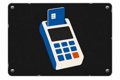 Enamel sign pictogram of a handheld card payment terminal with a debit card inserted