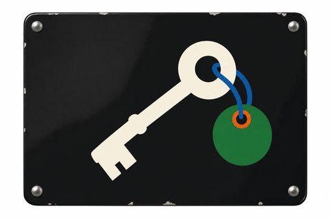 Enamel sign pictogram of an old door key with a green round tag on a cord