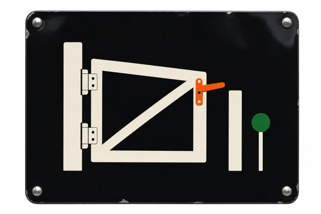 Enamel trail-gate pictogram on a bolted sign board